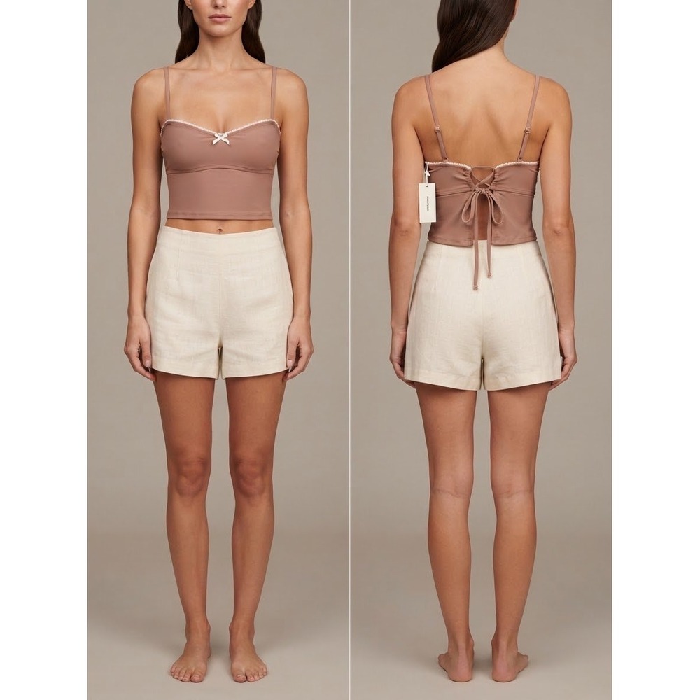 Seamolly Y2K Mauve Lace Bow Cami Top Small Lace Up Back Cropped Swim Coquette
